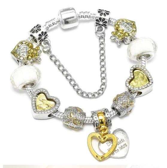 Imagem de Pulseira com Berloques de Prata e Pedras Amarelas 20 cm