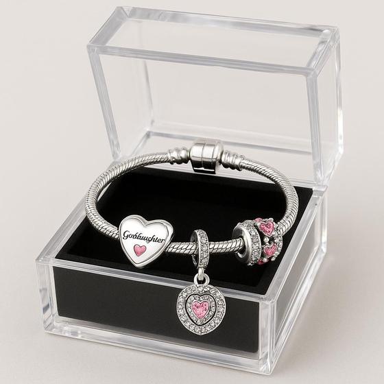 Imagem de Pulseira com Berloques Prateado. Coração Rosa.