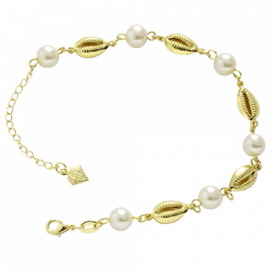 Imagem de Pulseira Com Búzios E Pérolas PRI Style Folheada A Ouro 18K Antialérgica