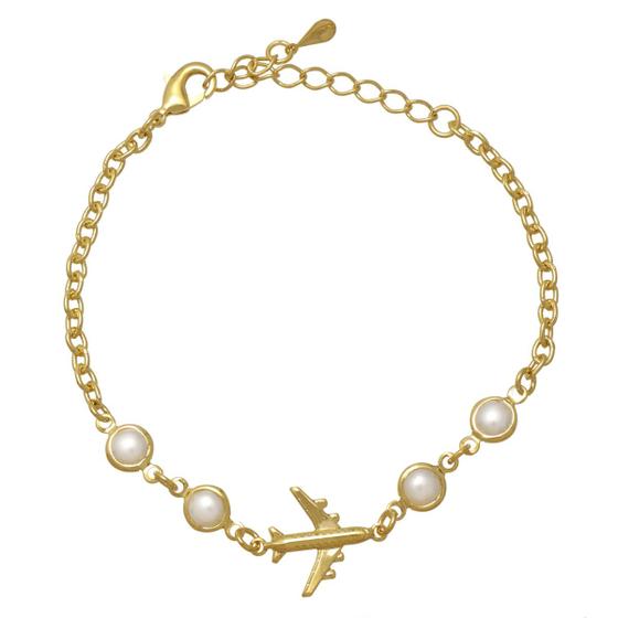 Imagem de Pulseira com Pingente de Avião e Perolas Folheado em Ouro 18K Softjoias