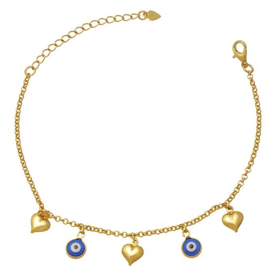 Imagem de Pulseira com Pingentes de Coração e Olho Grego Folheada em Ouro 18K Softjoias