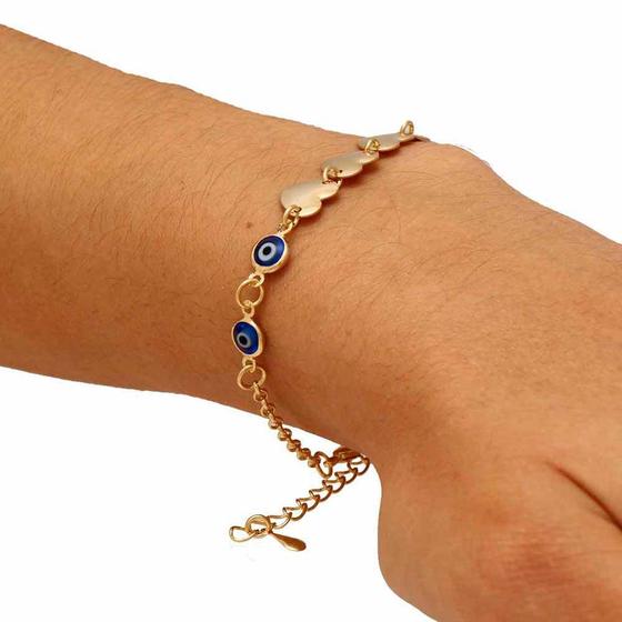 Imagem de Pulseira com Pingentes de Olho Grego e Coração Chapeado Folheada em Ouro 18K