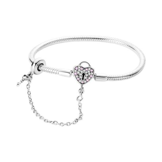 Imagem de Pulseira com Trava de Coração Rosa (17-20cm) - Prata 925 - Faça Você Mesmo