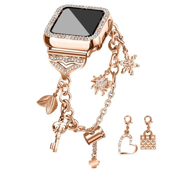 Imagem de Pulseira Compatível com Apple Watch 45mm JOYOZY - Estojo Dourado Rosa