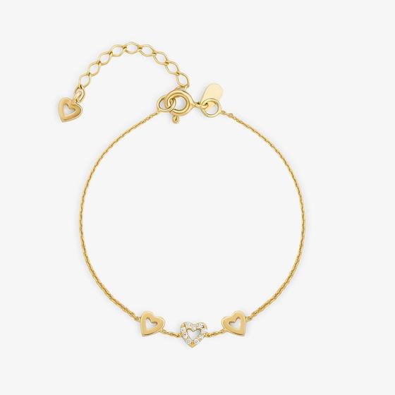 Imagem de Pulseira Corações Cravejada em Prata 925 com Banho de Ouro Amarelo 18k