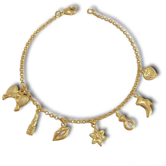 Imagem de Pulseira Corrente E Pingentes Femininos Folheada A Ouro 18k