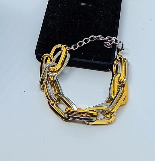 Imagem de Pulseira Corrente Feminino Elos Duplos Dourado com Prata Folheado Ouro Elo quadrado Bracelete Elo Grosso