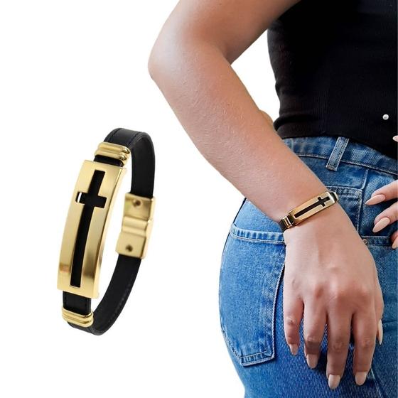 Imagem de Pulseira Couro Feminina Magnética Dourada Crucifixo Preta