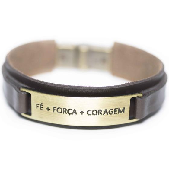 Imagem de Pulseira Couro Masculina Fé+Força+Coragem