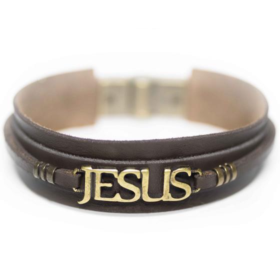 Imagem de Pulseira Couro Masculina Jesus Marrom