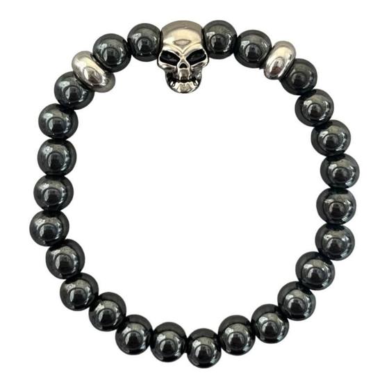 Imagem de Pulseira Crânio Skull Pedra Hematita 8Mm Proteção