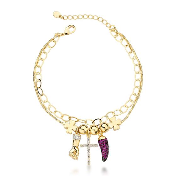 Imagem de Pulseira da Sorte e Proteção em Banhada em Ouro 18k - Trevo, Pimenta e Cruz com Cristais