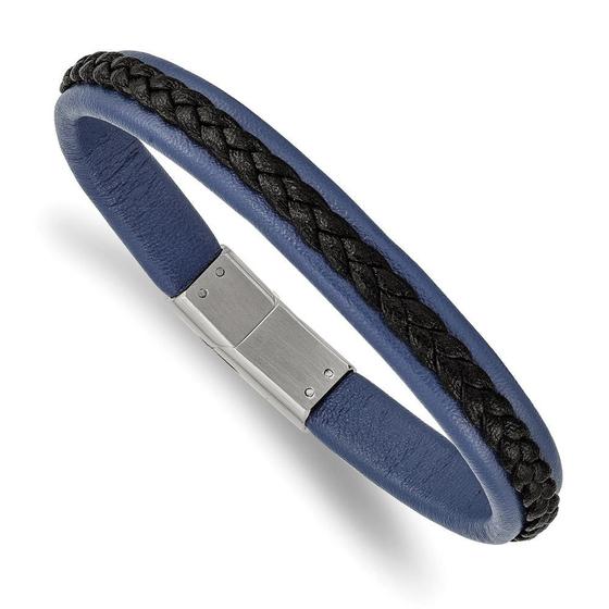 Imagem de Pulseira de Aço Inoxidável com Couro Sintético - Azul e Preto - 8,25 Polegadas