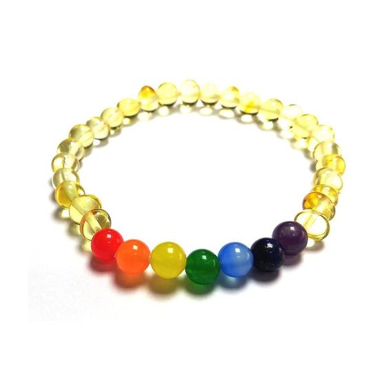 Imagem de Pulseira de âmbar adulto barroco limão polido 7 chakras - 18 cm