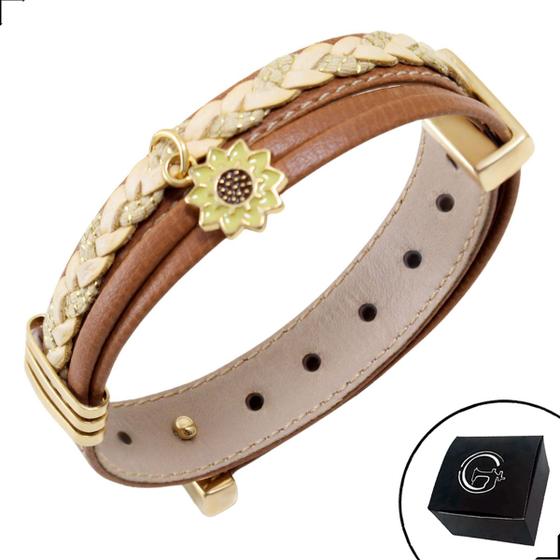 Imagem de Pulseira de Couro Caramelo Flor GIRASSOL com Fecho STRAP PLUG Ajustável Banhado a Ouro