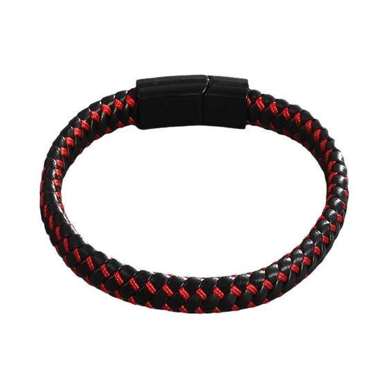 Imagem de Pulseira De Couro Genuíno Trançado Preto Para Homens Com Fechos Magnéticos De Aço Inoxidável
