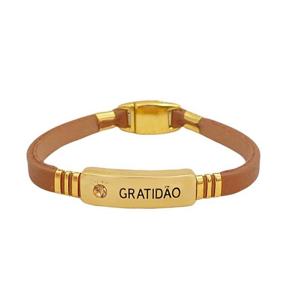 Imagem de Pulseira de Couro Gratidão  com Zircônia Banhada a Ouro 18k