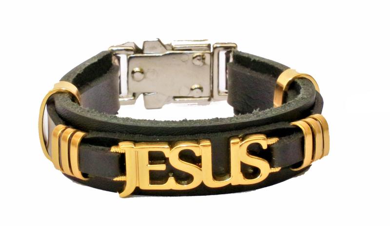 Imagem de Pulseira De Couro Jesus Verniz Gospel Regulável