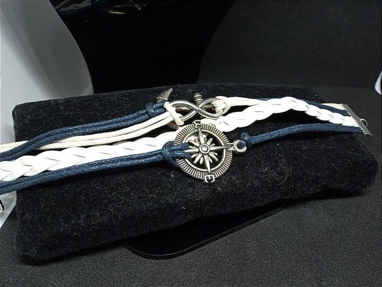 Imagem de Pulseira de Couro Leme Âncora - Azul escuro e Branco 22cm