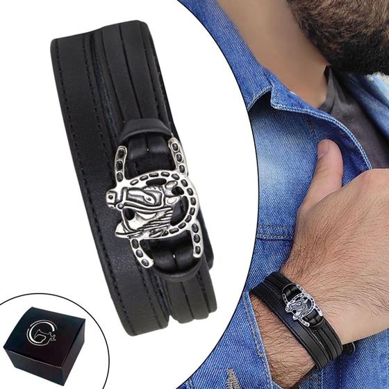 Imagem de Pulseira de Couro Masculina Country Ajustável 2 Ferradura e Cavalo Rodeio