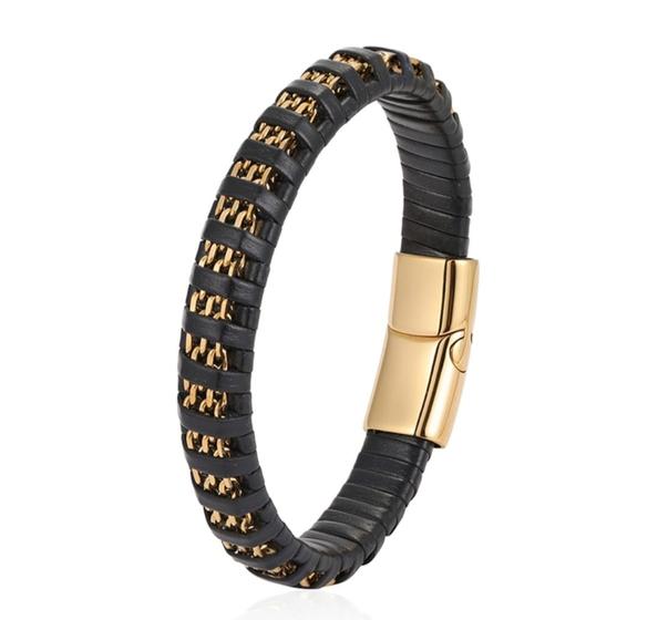 Imagem de Pulseira De Couro Masculina Couro Aço Bracelete Dourado