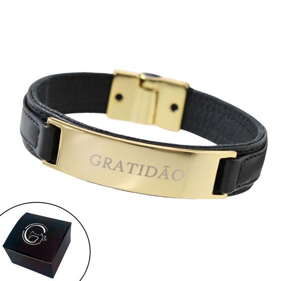 Imagem de Pulseira de Couro Masculina Feminina Gratidão Magnética Dourada Seja Grato Preto