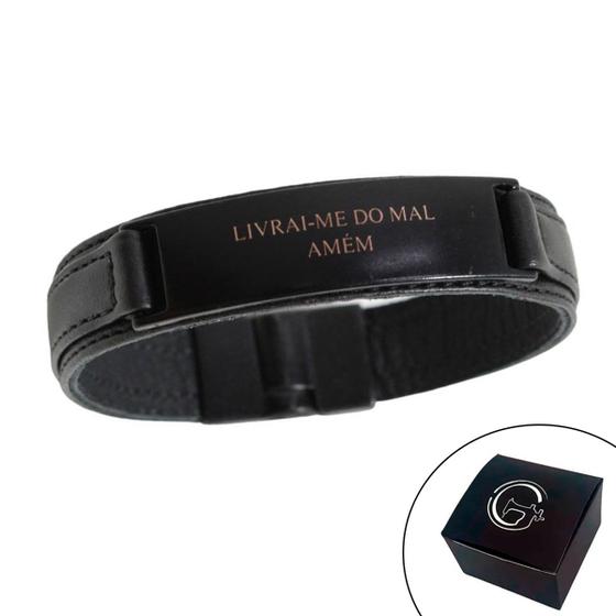 Imagem de Pulseira de Couro Masculina Magnética Livrai-me do Mal Laranja