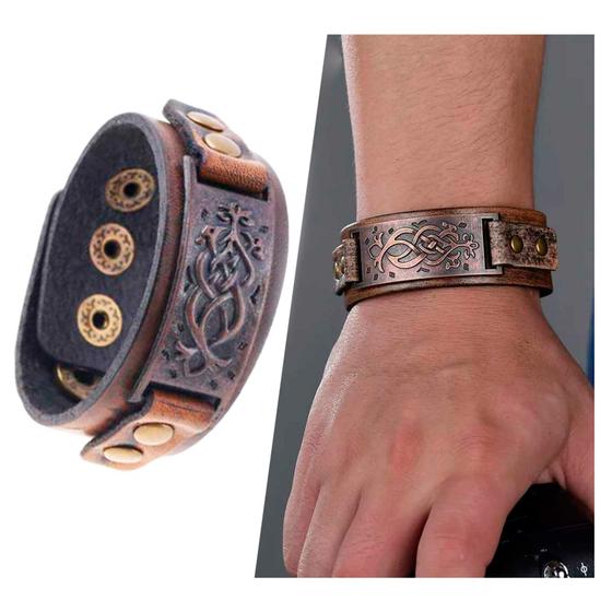 Imagem de Pulseira de Couro Masculina Tribal Ajustável Três Tamanhos Marrom Bracelete Masculino