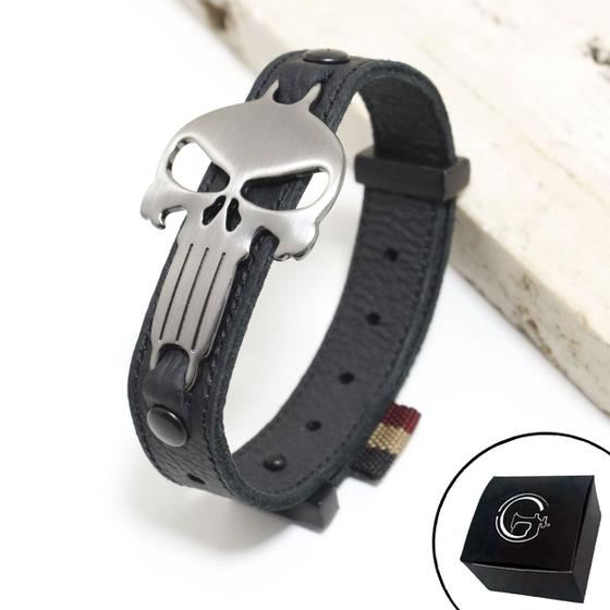 Imagem de Pulseira de Couro Preto Crânio/Caveira Onix com Fecho STRAP PLUG Ajustável