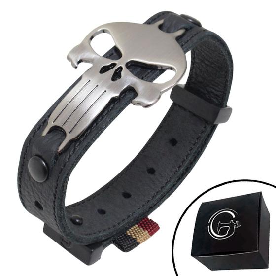 Imagem de Pulseira de Couro Preto SKULL Onix com Fecho STRAP PLUG Ajustável