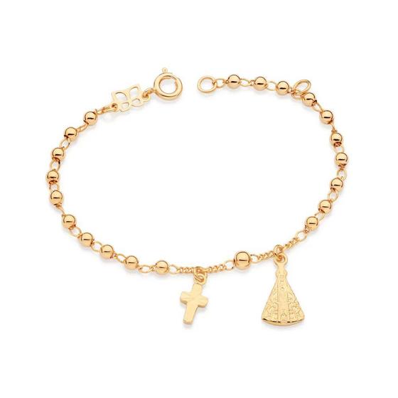 Imagem de Pulseira de ouro 18k unissex esferas com pingentes berloques cruz e nossa senhora aparecida rommanel 16 cm e 14cm 552133