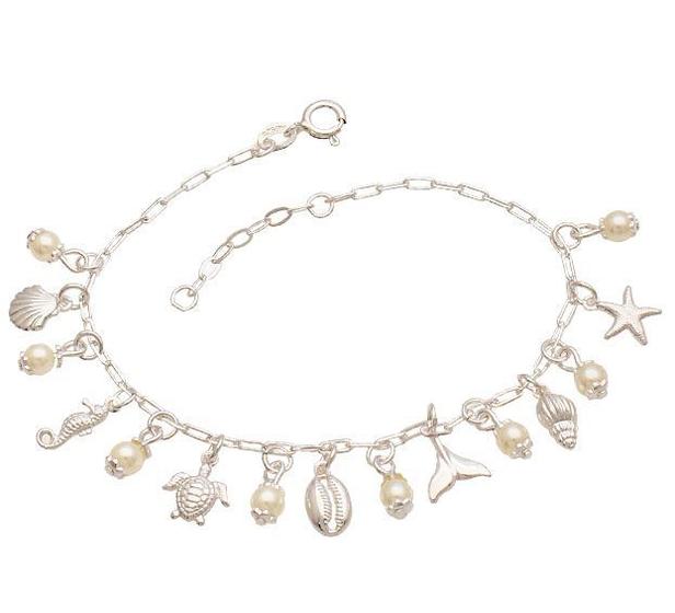 Imagem de Pulseira de prata com 8 prolas 4mm e 7 pingentes diversos mar