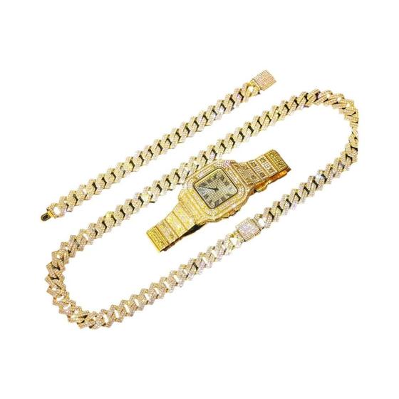 Imagem de Pulseira de Relógio Masculina tipo Corrente Cubana Banhada a Ouro - Estilo Hip Hop Miami