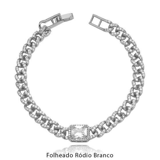 Imagem de Pulseira Elo Grumet Todo Cravejado Zircônias com Pedra Central Retangular Folheado Ródio Branco