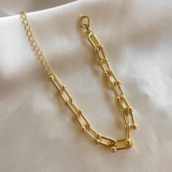 Imagem de Pulseira elos arredondados com mini esferas banhada a ouro 18k