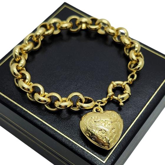 Imagem de Pulseira Elos Portugueses 11mm Coração Desenhado Banho De Ouro 18k 1797N