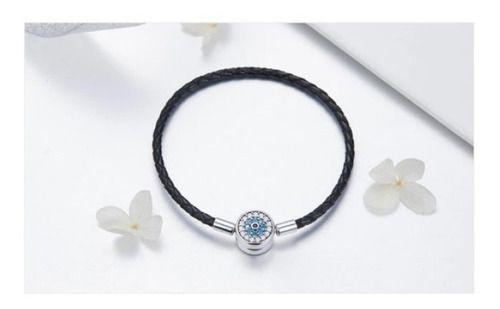 Imagem de Pulseira Em Couro Preta Com Fecho Em Prata 925 Legitima Olho Grego Proteção Sorte