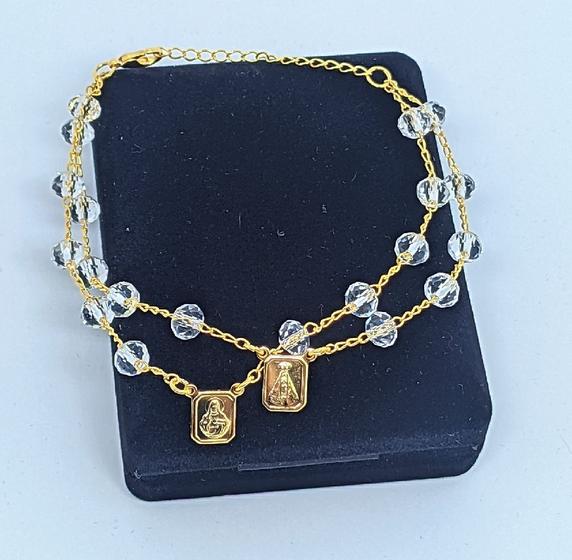 Imagem de Pulseira Escapulario Aparecida Salmão Folheado Ouro 18k com Miçangas Pérolas Pedras de Cristal Preta  Religiosa