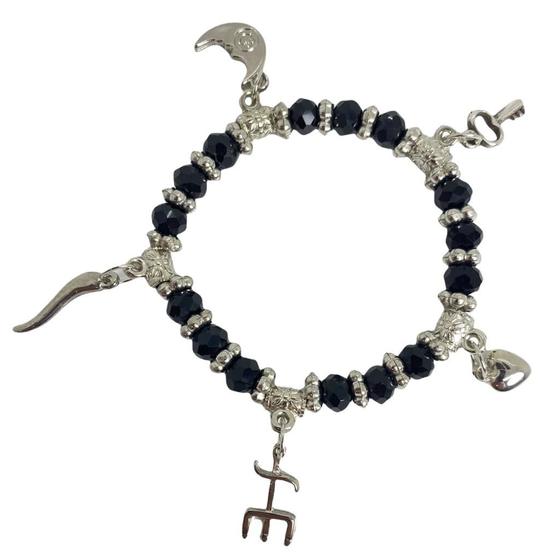 Imagem de Pulseira Exu Preto Prata Penduricalhos Cristal E Silicone