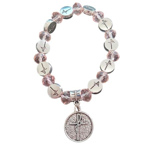 Imagem de Pulseira fé com cristal rosa pingente fé religiosa