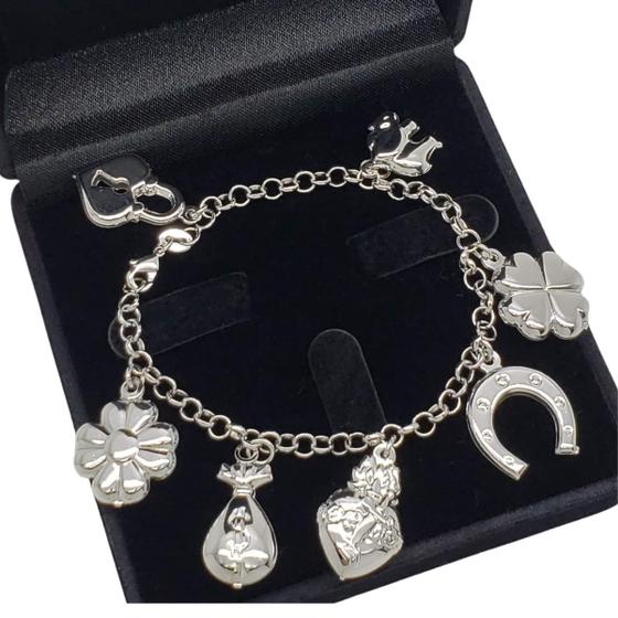 Imagem de Pulseira Feminina Elos Portugueses 7 Amuletos Ródio Claro Prata 211 212