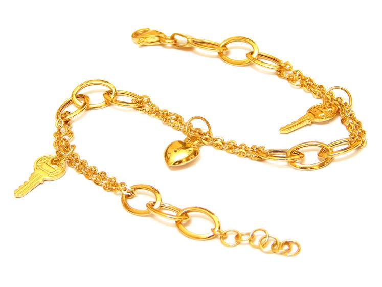 Imagem de Pulseira Feminina Em Ouro 18k Pingentes Coração E Chave