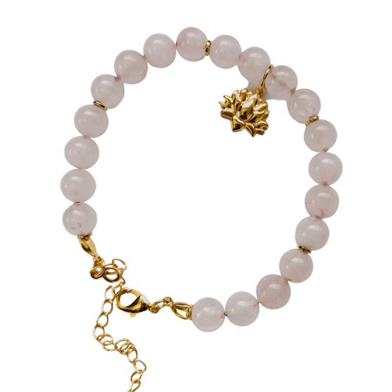 Imagem de Pulseira Feminina Pedra Natural Quartzo Rosa Banho Ouro 18k