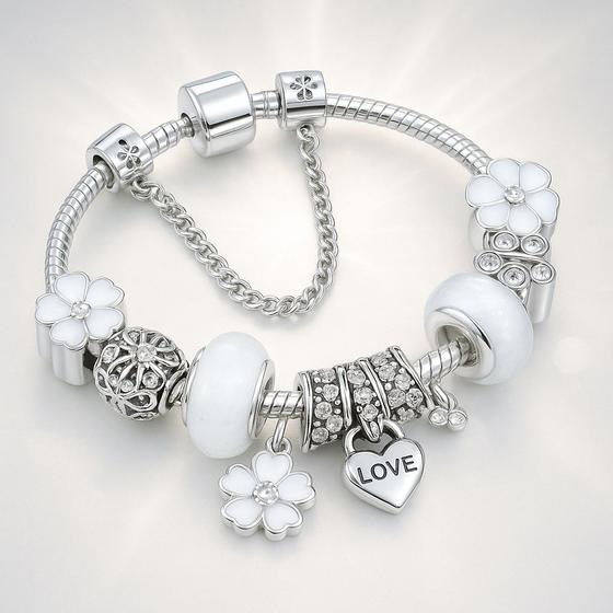 Imagem de Pulseira Infantil com Berloques de Prata Cor Branca