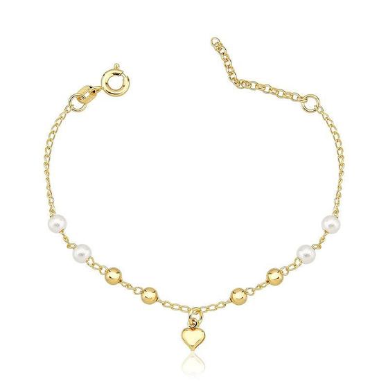 Imagem de Pulseira Infantil de Bolinhas e Pérolas com Coração Folheada a Ouro 18k