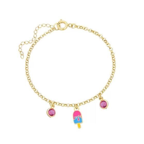 Imagem de Pulseira Infantil Semijoia 18k Zircônia Rosa Picolé Resinado