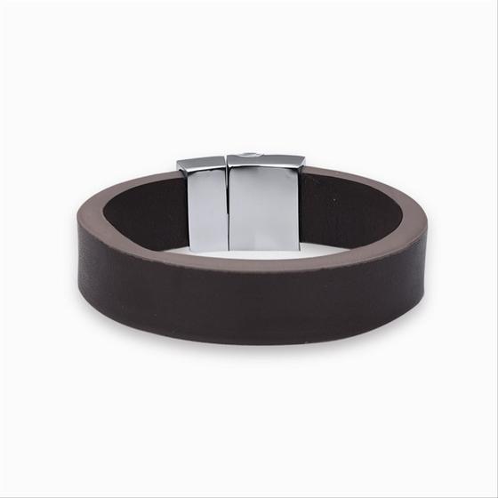 Imagem de Pulseira masculina aço com couro marrom