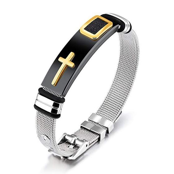 Imagem de Pulseira Masculina Aço Cruz Preta e Dourada