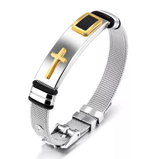 Imagem de Pulseira Masculina Bracelete Cruz Aço Inox