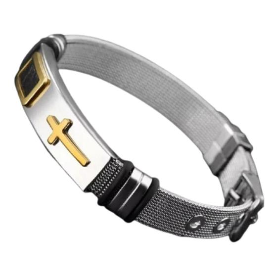 Imagem de Pulseira Masculina Bracelete Malha De Aço Cruz Dourada